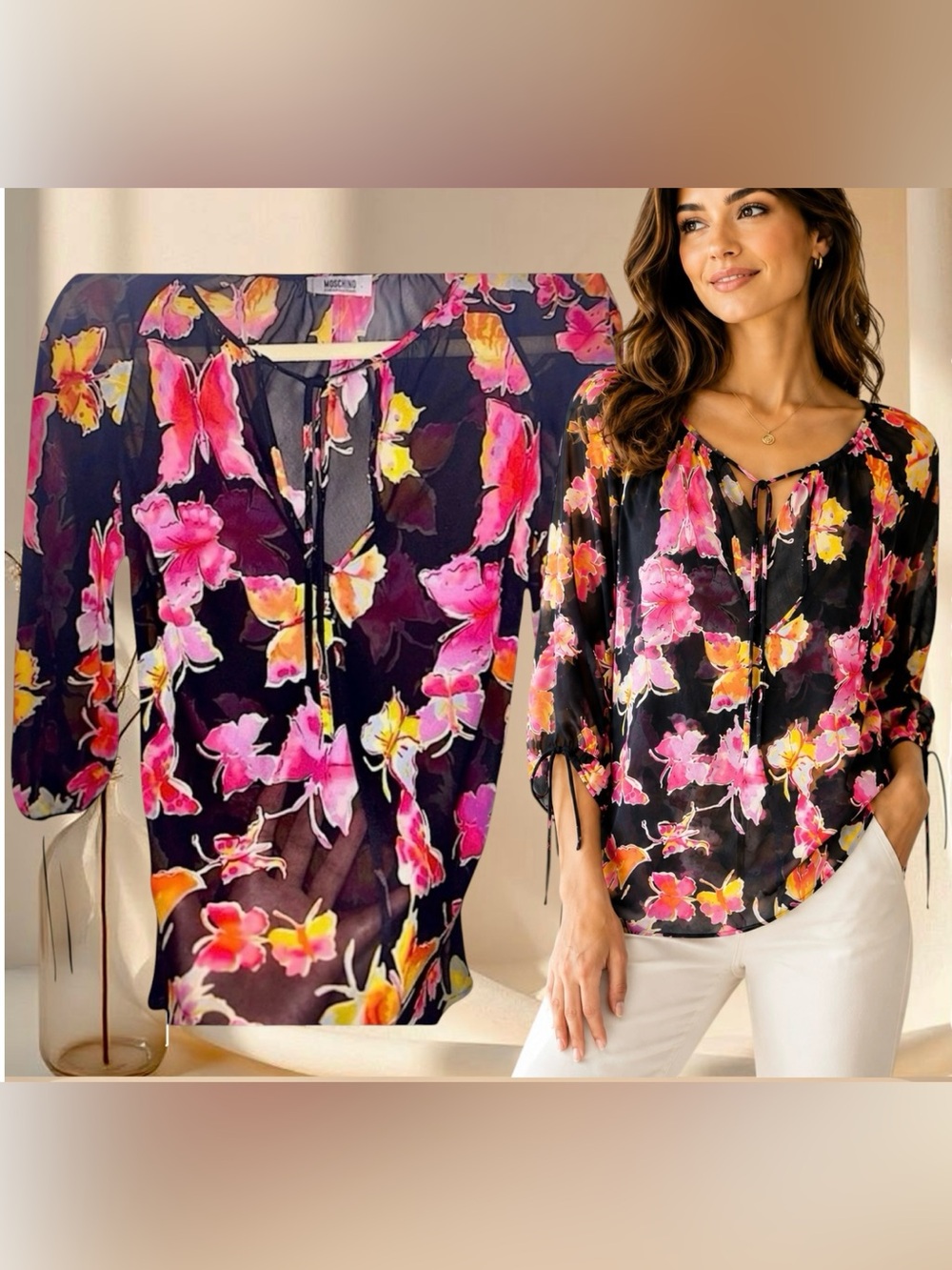 Vintage Moschino Butterfly Print Sheer Blouse Black Pink Y2K Chiffon Top
